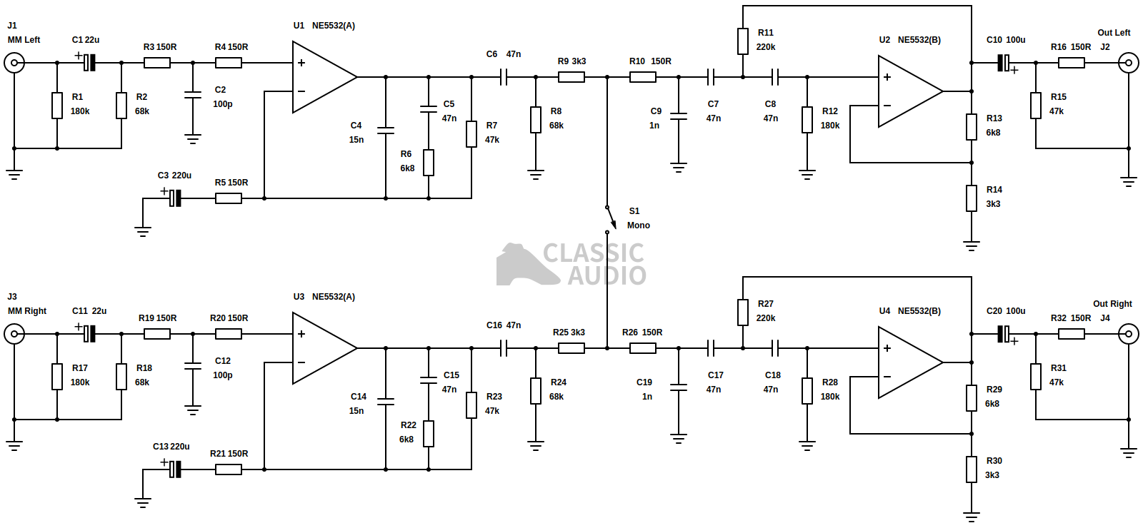 Phono pre-amplifier with mono switch and rumble filter