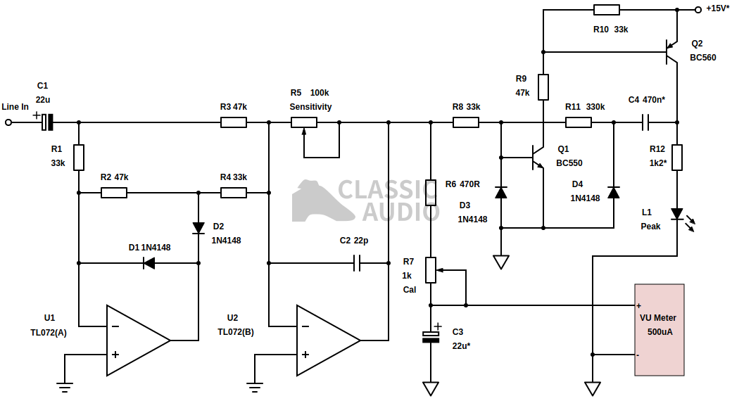 VU meter circuit with bipolar peak LED