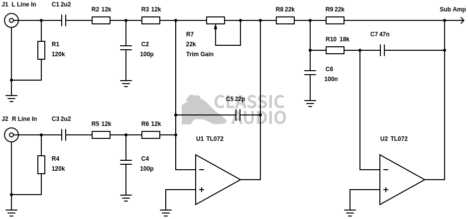 Summing input subwoofer crossover